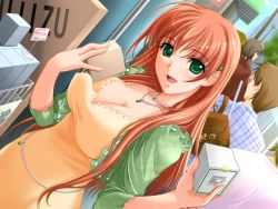 Rule 34 | 1girl, akibakei kanojo, aoi ren, blush, breasts, cleavage, dress, dutch angle, game cg, green eyes, hair ornament, hairclip, happy, jewelry, large breasts, long hair, necklace, orange hair, pink hair, red hair, sano toshihide, shop, shopping, solo