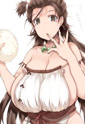 Rule 34 | 1girl, absurdres, bare shoulders, body markings, breasts, brown eyes, brown hair, cleavage, dress, facial mark, fate/grand order, fate (series), food, forehead, forehead mark, highres, himiko (fate), huge breasts, jewelry, long hair, looking at viewer, magatama, magatama necklace, necklace, onigiri, open mouth, rice, sash, sideboob, solo, topknot, tsukasawa takamatsu, twintails, white dress