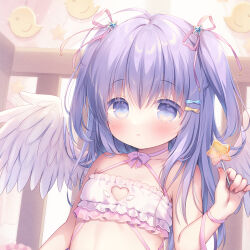 Rule 34 | 1girl, ahoge, bare arms, bare shoulders, blue eyes, blue hair, blush, bra, closed mouth, clothing cutout, commentary request, feathered wings, frilled bra, frills, hair between eyes, hair ornament, hair ribbon, heart cutout, holding, indoors, long hair, looking at viewer, original, pink ribbon, ribbon, smile, solo, star (symbol), star hair ornament, two side up, underwear, upper body, usashiro mani, white bra, white wings, wings