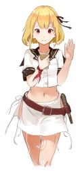 Rule 34 | 10s, 1girl, belt, blonde hair, cellphone, crop top, crop top overhang, enterprise (pacific), gun, handgun, holding, holster, iphone, jeanex, kantai collection, looking at viewer, midriff, navel, original, pacific (kancolle), phone, pistol, red eyes, short hair, simple background, smartphone, smile, solo, thigh gap, united states, uss enterprise (cv-6), weapon, white background