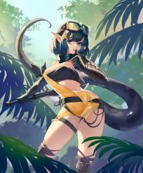 Rule 34 | 1girl, absurdres, arknights, bandeau, black gloves, black hair, blue eyes, eunectes (arknights), gloves, goggles, goggles on head, highres, looking at viewer, outdoors, parted lips, pointy ears, shiyiyuya, short hair, snake tail, solo, standing, strapless, tail, thigh strap, thighs, tube top