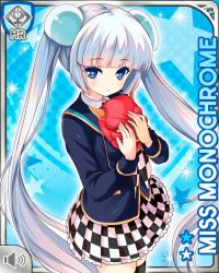 Rule 34 | 1girl, blue background, blue eyes, blue jacket, blunt bangs, card, character name, checker pattern, closed mouth, girlfriend (kari), jacket, mask, miss monochrome, miss monochrome (character), necktie, official art, qp:flapper, school uniform, shirt, shy, skirt, solo, tagme, thighhighs, twintails, white footwear, white hair, white shirt