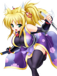 Rule 34 | 10s, 1girl, animal ears, black thighhighs, blonde hair, blush, breasts, dog days, dual wielding, elbow gloves, fingerless gloves, fox ears, fox tail, gloves, green eyes, holding, japanese clothes, katana, large breasts, long hair, looking at viewer, motonaga hiroya, ponytail, smile, solo, sword, tail, thighhighs, weapon, yukikaze panettone