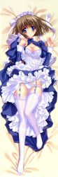 Rule 34 | 1girl, absurdres, blue eyes, blush, breasts, brown hair, carnelian, cleavage, copyright request, dakimakura (medium), full body, garter belt, highres, incredibly absurdres, large breasts, long image, maid, panties, scan, short hair, solo, tall image, thighhighs, underwear