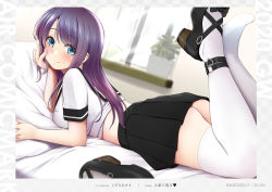 Rule 34 | 1girl, artist name, bed, bed sheet, bedroom, black footwear, black sailor collar, black skirt, blue eyes, blush, breasts, cheek rest, closed mouth, curtains, hand on own cheek, hand on own face, high heels, highres, indoors, kozue akari, long hair, looking at viewer, lying, miniskirt, no panties, non-web source, on bed, on stomach, original, pillow, pleated skirt, purple hair, sailor collar, school uniform, serafuku, shirt, shoes, short sleeves, single shoe, skirt, smile, solo, swept bangs, thighhighs, thighs, white shirt, window
