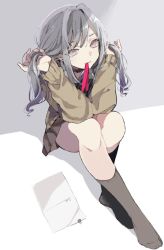 Rule 34 | 1girl, ayashiro nanano, binder clip, bow, bowtie, brown sweater, bunching hair, choker, grey eyes, grey hair, grey socks, kneehighs, long hair, long sleeves, looking at viewer, miniskirt, mouth hold, na ta53, paper, pleated skirt, project cold, red ribbon, ribbon, school uniform, shadow, shirt, sitting, skirt, socks, solo, striped, striped bow, sweater, twintails, twintails day, white shirt