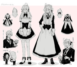 Rule 34 | 1girl, 2boys, ahoge, alternate costume, ankle garter, apron, arm at side, artist name, back bow, blush, bolo tie, border, bow, butler, center frills, chibi, coat, collared shirt, corset, cross-laced footwear, crossdressing, detached collar, dress, ear piercing, earrings, enmaided, fate/grand order, fate (series), frilled apron, frilled dress, frilled garter, frills, full body, glasses, gloves, greyscale with colored background, grin, hair between eyes, hair bow, hair down, hair ornament, hairclip, hand on own hip, high heels, holding, holding clothes, jewelry, leonardo da vinci (fate), long dress, long hair, long sleeves, looking at viewer, maid, maid apron, maid headdress, male focus, male maid, merlin (fate), multiple boys, multiple views, necktie, nekohanemocha, nervous sweating, off-shoulder dress, off shoulder, open clothes, open coat, outside border, peeking, piercing, pink background, ponytail, romani archaman, semi-rimless eyewear, shirt, short sleeves, sleeve cuffs, smile, sparkle, standing, sweat, thighhighs, trap, trembling, twitter username, under-rim eyewear, vest, wing collar, wrist cuffs