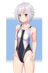 Rule 34 | 1girl, absurdres, ahoge, black one-piece swimsuit, blue background, breasts, commentary request, competition swimsuit, cowboy shot, grey hair, hair between eyes, highres, itomi sayaka, multicolored clothes, multicolored swimsuit, one-piece swimsuit, purple eyes, short hair, small breasts, solo, standing, swimsuit, takafumi, toji no miko, two-tone background, two-tone swimsuit, variant set, yagasuri