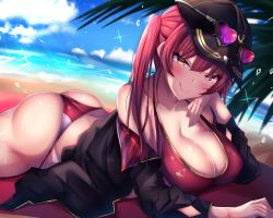 Rule 34 | 1girl, :q, arm support, ass, bare shoulders, beach, bikini, black hat, black jacket, blush, breast press, breasts, cleavage, collarbone, eyewear on head, halterneck, hat, heart, heart-shaped eyewear, heterochromia, highres, hololive, houshou marine, houshou marine (summer), jacket, large breasts, long hair, looking at viewer, lying, off-shoulder jacket, off shoulder, on stomach, red bikini, red eyes, red hair, shiki (catbox230123), sidelocks, smile, solo, string bikini, sunlight, swimsuit, thighs, tongue, tongue out, towel, twintails, virtual youtuber, water, wet, yellow eyes