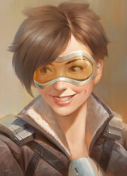 Rule 34 | 1girl, absurdres, alternate hairstyle, bomber jacket, brown eyes, brown hair, brown jacket, chest harness, commentary request, eyebrows, eyelashes, goggles, grin, hair down, harness, highres, jacket, leather, leather jacket, lips, looking to the side, nose, orange goggles, overwatch, overwatch 1, parted bangs, parted lips, realistic, red lips, short hair, signature, smile, solo, teeth, terry wei, tracer (overwatch), upper body