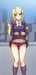 Rule 34 | 10s, 1girl, ace trainer (pokemon), blonde hair, blush, breasts, clothes lift, creatures (company), dress, dress lift, exhibitionism, frilled panties, frills, game freak, grey eyes, groin, hair ornament, hairclip, long hair, monorus, nintendo, npc trainer, panties, pokemon, pokemon xy, public indecency, purple panties, short dress, small breasts, socks, solo, swept bangs, underwear