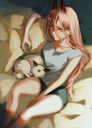 Rule 34 | 1girl, bed, bed sheet, cat, chainsaw man, champi, cross-shaped pupils, from above, grey shirt, hair between eyes, highres, horns, long hair, looking at viewer, lying, meowy (chainsaw man), pink hair, power (chainsaw man), red horns, shirt, shorts, sleeping, solo focus, symbol-shaped pupils, white cat, yellow eyes