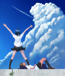 Rule 34 | 2girls, aircraft, airplane, arms up, bag, black skirt, black socks, blue hair, bottle, brown eyes, brown hair, cloud, collared shirt, contrail, day, from behind, from side, full body, highres, holding, holding bottle, jet, kneehighs, kneeling, kneepits, kome (okome-smile), loafers, looking up, lying, multiple girls, o/, on back, original, outdoors, outstretched arms, plant, pleated skirt, ramune, school bag, school uniform, shirt, shoes, short hair, skirt, sky, socks, spread legs, standing, water bottle, white shirt, wind, wind lift