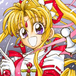 Rule 34 | 1990s (style), 1girl, :d, blonde hair, chess piece, cross, earrings, female focus, gem, gloves, gradient background, hair intakes, hair ribbon, happy, jewelry, kaitou jeanne, kamikaze kaitou jeanne, kusakabe maron, long hair, lowres, magical girl, min taso, oekaki, open mouth, parted bangs, pawn (chess), purple eyes, retro artstyle, ribbon, sidelocks, smile, solo, white gloves