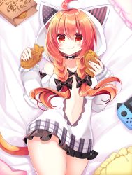 Rule 34 | 1girl, :q, ahoge, animal ears, animal hood, bag, bare shoulders, bed sheet, black bow, blush, bow, braid, cat ears, cat hood, closed mouth, commentary request, fake animal ears, food, frilled hoodie, frilled pillow, frills, hair between eyes, hair bow, highres, holding, holding food, hood, hood up, hoodie, long hair, long sleeves, lying, nintendo switch, on back, original, paper bag, pillow, puffy long sleeves, puffy sleeves, red eyes, red hair, shikito (yawa0w0), sleeves past wrists, smile, solo, taiyaki, tongue, tongue out, twin braids, wagashi, white hoodie