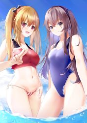 Rule 34 | 2girls, absurdres, blue one-piece swimsuit, blue sky, blush, bow, breasts, brown eyes, brown hair, closed mouth, competition swimsuit, feet out of frame, from above, girls&#039; frontline, hair bow, hair ribbon, hand on own hip, highres, kotoha (kotoha65), long hair, looking at viewer, medium breasts, multiple girls, ocean, on water, one-piece swimsuit, open mouth, red eyes, red one-piece swimsuit, ribbon, scar, scar across eye, scar on face, sky, small breasts, smile, split mouth, standing, swimsuit, twintails, ump45 (girls&#039; frontline), ump9 (girls&#039; frontline), v