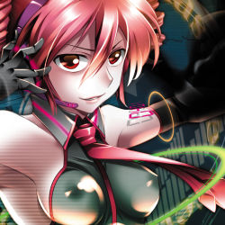 Rule 34 | 1girl, armpits, bare shoulders, breasts, caffein, detached sleeves, drill hair, covered erect nipples, gloves, headphones, headset, kasane teto, necktie, portrait, red eyes, red hair, see-through, short hair, sideboob, small breasts, smile, solo, twin drills, twintails, upper body, utau, vocaloid