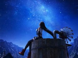 Rule 34 | 1girl, 3d, arm guards, black hair, black skirt, black thighhighs, crop top, final fantasy, final fantasy vii, final fantasy vii remake, long hair, looking up, low-tied long hair, mountainous horizon, night, night sky, official art, red footwear, sitting, skirt, sky, solo, square enix, star (sky), starry sky, suspenders, tank top, thighhighs, tifa lockhart, tower