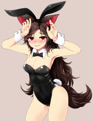 Rule 34 | 1girl, absurdres, alternate costume, animal ears, armpits, bare arms, black hairband, blush, breasts, brown hair, rabbit ears, rabbit tail, cleavage, contrapposto, cowboy shot, fake animal ears, hairband, hands up, highres, imaizumi kagerou, long hair, looking at viewer, medium breasts, nail polish, nama shirasu, playboy bunny, red eyes, red nails, solo, standing, tail, touhou, wolf ears, wolf tail, wrist cuffs