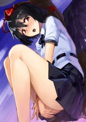 Rule 34 | 1girl, :o, ass, bare legs, between legs, black bow, black bowtie, black hair, black skirt, black wings, blush, bow, bowtie, collared shirt, covering crotch, covering privates, from below, hair between eyes, hand between legs, hat, looking at viewer, looking down, miniskirt, nose blush, open mouth, puffy short sleeves, puffy sleeves, red eyes, red hat, shameimaru aya, shirt, short hair, short sleeves, skirt, solo, taketora suzume, tassel, tengu, tokin hat, touhou, upskirt, white shirt, wing collar, wings