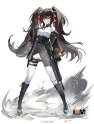 Rule 34 | 1girl, absurdres, assault rifle, black footwear, black skirt, black sleeves, boots, bow, breasts, brown eyes, closed mouth, copyright name, dust, full body, girls&#039; frontline, girls&#039; frontline 2: exilium, gun, hair bow, hand on own hip, highres, holding, holding gun, holding weapon, holster, knee boots, legs apart, logo, long hair, long sleeves, looking at viewer, medium breasts, miniskirt, nuanpapa, official art, qbz-97, red bow, rifle, shirt, skirt, smile, solo, standing, tachi-e, thigh holster, thighhighs, twintails, type 97 (girls&#039; frontline), underbust, very long hair, weapon, weibo logo, weibo watermark, white background, white shirt, white thighhighs, zettai ryouiki