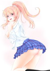 Rule 34 | 1girl, ass, ayase eli, black socks, blonde hair, blush, breasts, covering privates, covering breasts, dress shirt, frapowa, kneehighs, kneeling, large breasts, looking at viewer, love live!, love live! school idol project, no panties, off shoulder, plaid, plaid skirt, shirt, sideboob, skirt, socks, solo, thighs, white background, white shirt