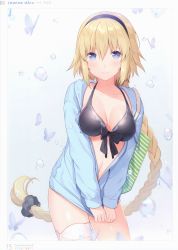 Rule 34 | 1girl, 6u (eternal land), absurdres, bikini, black bikini, blonde hair, blue eyes, blush, braid, breasts, bug, butterfly, character name, cleavage, closed mouth, fate/grand order, fate (series), highres, insect, jacket, jeanne d&#039;arc (fate), jeanne d&#039;arc (ruler) (fate), jeanne d&#039;arc (swimsuit archer) (fate), jeanne d&#039;arc (swimsuit archer) (first ascension) (fate), long hair, long sleeves, looking at viewer, medium breasts, scan, simple background, single braid, smile, solo, swimsuit, thigh strap, thighhighs
