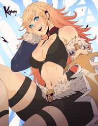 Rule 34 | 1girl, artist name, blonde hair, blue eyes, blue sleeves, breasts, cleavage cutout, clothing cutout, dagger, detached sleeves, earrings, fur-trimmed sleeves, fur-trimmed waist cape, fur trim, highres, holding, holding dagger, holding knife, holding weapon, jewelry, knife, koyorin, large breasts, long hair, looking at viewer, navel, open mouth, ragnarok online, stalker (ragnarok online), stomach cutout, waist cape, weapon