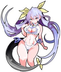 Rule 34 | 1girl, animal print, bare shoulders, bell, blue hair, blush, bra, breasts, cat bra, cat panties, cat print, cleavage, cleavage cutout, clothing cutout, dizzy (guilty gear), enpe, guilty gear, hair between eyes, hair ribbon, hair rings, hand on own chest, large breasts, long hair, looking at viewer, monster girl, navel, neck bell, panties, print panties, red eyes, ribbon, simple background, solo, stomach, tail, tail ornament, tail ribbon, thick thighs, thigh gap, thighs, twintails, underwear, white background, white bra, white panties