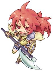 Rule 34 | 1girl, ahoge, atlus, axe, bad id, bad pixiv id, character request, chibi, etrian odyssey, full body, long sleeves, looking at viewer, lowres, ponytail, pote (ptkan), red eyes, red hair, shield, simple background, solo, swordsman (sekaiju), weapon, white background