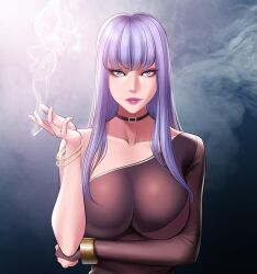 Rule 34 | 1girl, bracelet, cigarette, dr stein (pixiv), highres, jewelry, lipstick, looking at viewer, makeup, necklace, rin (smoking hypnosis), simple background, smoke, smoking hypnosis, upper body