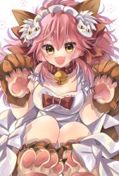 Rule 34 | 1girl, animal ear fluff, animal ears, animal hands, apron, bell, blush, blush stickers, breasts, cat hair ornament, cat paws, cleavage, collar, fang, fate/grand order, fate (series), fox ears, fox girl, fox tail, gloves, hair ornament, hairclip, highres, jingle bell, large breasts, long hair, looking at viewer, maid headdress, naked apron, neck bell, open mouth, paw gloves, paw shoes, pink hair, ponytail, solo, sparkle, tail, tamamo (fate), tamamo cat (fate), tamamo cat (third ascension) (fate), user kkns5375, yellow eyes
