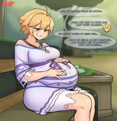 Rule 34 | absurdres, belly rub, bench, big belly, blonde hair, blush, fiora (xenoblade), green eyes, highres, jewelry, multicolored clothes, necklace, park, pregnant, short hair, shulk (xenoblade), sitting, smile, tree, tsukijitums, xenoblade chronicles (series), xenoblade chronicles 1
