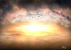 Rule 34 | absurdres, chinese commentary, cloud, cloudy sky, commentary request, highres, light particles, no humans, original, rune xiao, scenery, signature, sky, still life, sun, sunset