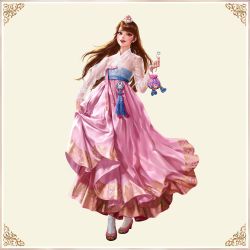 Rule 34 | 1girl, absurdres, bag, brown eyes, brown hair, d.va (overwatch), dospi, dress, facepaint, facial mark, full body, hair ornament, hanbok, heart, highres, korean clothes, long hair, long sleeves, looking at viewer, nose, overwatch, overwatch 1, pink dress, pink lips, see-through, see-through sleeves, sidelocks, skirt hold, solo, standing, tassel, traditional clothes, whisker markings