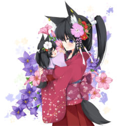Rule 34 | 2girls, :d, ^ ^, animal ears, black hair, blush, child, earrings, closed eyes, flower, fox ears, fox tail, hair flower, hair ornament, haru (matatabi sanjou), holding, japanese clothes, jewelry, kimono, long hair, mole, multiple girls, obi, open mouth, original, outstretched arms, ponytail, purple eyes, sash, smile, tail, white background
