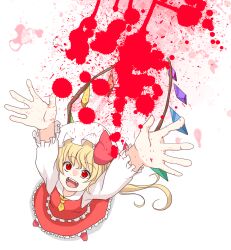 Rule 34 | 1girl, adapted costume, ascot, blonde hair, blood, blood splatter, fangs, flandre scarlet, frilled skirt, frilled vest, frills, from above, hat, long sleeves, lvetica, mob cap, multicolored wings, one side up, open mouth, red eyes, red footwear, red skirt, red vest, shirt, simple background, skirt, solo, standing, teeth, touhou, vest, white background, white hat, white shirt, wings, yellow ascot