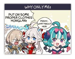 Rule 34 | 1koma, 3girls, ?, ahoge, angry, animal ears, armor, bare shoulders, bell, black gloves, blue eyes, blush, bow, braid, breastplate, breasts, chest cutout, chibi, china dress, chinese clothes, claire (eversoul), cleavage, comic, crown braid, dragon girl, dragon horns, dress, elbow gloves, english text, eversoul, game cg, gloves, hair between eyes, hair bow, hair ornament, hair ribbon, hand fan, holding, holding fan, honglan (eversoul), horns, large breasts, light brown hair, long hair, lute (eversoul), mole, mole under eye, multiple girls, neck bell, non-web source, off shoulder, official art, pauldrons, pink dress, pointy ears, purple eyes, ribbon, sheep ears, sheep girl, sheep horns, short hair, shoulder armor, simple background, speech bubble, transparent background, white hair, wool