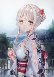 Rule 34 | 1girl, absurdres, blurry, blurry background, blush, braid, building, closed mouth, cloud, cloudy sky, commentary request, depth of field, floral print, french braid, from side, grey eyes, highres, house, japanese clothes, kimono, long hair, long sleeves, looking at viewer, mole, mole under eye, obi, original, outdoors, pink lips, rain, sakiryo kanna, sash, sidelocks, silver hair, sky, solo, standing, swept bangs, upper body, water, water drop, wet, wet clothes, wet hair, white kimono, wide sleeves