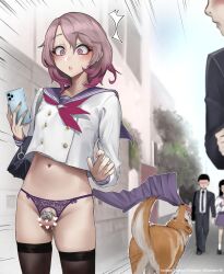 Rule 34 | 1girl, 3boys, :o, artist name, bag, black hair, black thighhighs, blurry, blurry background, blush, censored, chastity, chastity cage, crotchless, crotchless panties, dog, eyebrows hidden by hair, fanbox username, flat chastity cage, formal, has uncensored version, heart, heart censor, highres, ikemeru19, male focus, multiple boys, nail polish, navel, necktie, no pants, panties, patreon username, phone, pink eyes, pink hair, pink nails, pink ribbon, public indecency, public nudity, puffy chest, purple ribbon, purple sailor collar, purple skirt, ria (ikemeru19), ribbon, sailor collar, school bag, school uniform, serafuku, shiba inu, short hair, shoulder bag, skindentation, skirt, small penis, small testicles, socks, speed lines, suit, surprised, testicles, thighhighs, thong, trap, twitter username, underwear, unworn skirt, white socks