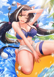 Rule 34 | 1girl, ;d, absurdres, alternate breast size, animal ear fluff, animal ears, arm up, bare legs, barefoot, bikini, black hair, blue bikini, blue sky, bow, breasts, cat ears, cat tail, cloud, collarbone, commentary request, day, front-tie bikini top, front-tie top, hair bow, halterneck, head tilt, highres, huge breasts, karyl (princess connect!), karyl (summer) (princess connect!), long hair, looking at viewer, multicolored hair, navel, obaoba (monkeyix), one eye closed, open mouth, outdoors, palm tree, princess connect!, purple bow, seiza, short shorts, shorts, sitting, sky, smile, solo, sparkle, stomach, streaked hair, sunglasses, swimsuit, tail, thigh strap, thighs, tree, v-shaped eyebrows, very long hair, water, white hair, white shorts, yellow eyes