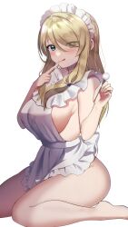 Rule 34 | 1girl, :q, absurdres, apron, blonde hair, blue eyes, blush, breasts, commentary request, curvy, eyes visible through hair, finger to own chin, fingernails, frilled apron, frills, highres, index finger raised, indie virtual youtuber, kazepana, lap pillow invitation, large breasts, licking lips, long hair, looking at viewer, maid apron, maid headdress, mimikaki, naked apron, nanamiya nako, sideboob, sidelocks, simple background, sitting, solo, swept bangs, tongue, tongue out, virtual youtuber, waist apron, wariza, white background