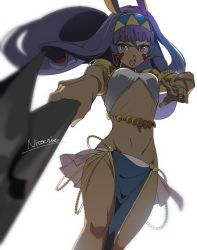 Rule 34 | 1girl, breasts, cleavage, dark-skinned female, dark skin, fate/grand order, fate (series), hairband, holding, holding staff, holding weapon, incoming attack, long hair, looking at viewer, lunapont, nitocris (fate), open mouth, pointing, pointy ears, purple eyes, purple hair, solo, staff, stomach, weapon
