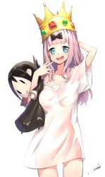 Rule 34 | 1girl, alternate costume, arm behind head, arm up, black bow, blue eyes, blunt bangs, blush, bow, breasts, character doll, collarbone, commentary request, cowboy shot, crown, fujiwara chika, gem, hair bow, highres, holding, kaguya-sama wa kokurasetai ~tensai-tachi no renai zunousen~, large breasts, long hair, looking at viewer, open mouth, overlord (overlord80000), pink hair, school uniform, see-through, shinomiya kaguya, shirt, shuuchiin academy school uniform, signature, simple background, single bare shoulder, smile, solo, white background, white shirt