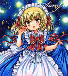 Rule 34 | 1girl, :d, apron, blonde hair, blue dress, blush, bow, bowtie, commentary request, dress, embellished costume, flower, frilled apron, frilled shirt collar, frills, hand up, looking at viewer, maid headdress, marker (medium), medium hair, mugetsu (touhou), open mouth, puffy short sleeves, puffy sleeves, red bow, red bowtie, red flower, red ribbon, red rose, ribbon, rose, rui (sugar3), sample watermark, short sleeves, skirt hold, smile, solo, sparkle, touhou, touhou (pc-98), traditional media, watermark, white apron, yellow eyes