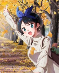 Rule 34 | 1girl, autumn, autumn leaves, backpack, bag, black hair, blue eyes, bow, cover, ginkgo leaf, hair bow, highres, hirayama kanna, kanojo okarishimasu, leaf, long sleeves, looking at viewer, official art, open mouth, outdoors, outstretched arm, pointing, pov, ribbed sweater, sarashina ruka, short hair, smile, solo, sweater, tree, turtleneck, turtleneck sweater, upper body, white sweater