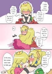 Rule 34 | 2girls, armlet, blue eyes, blush, bowsette, breasts, cleavage, collar, comic, crown, dress, earrings, english text, engrish text, full-face blush, hug, jewelry, long hair, mario (series), multiple girls, new super mario bros. u deluxe, nintendo, princess peach, ranguage, sesield, spiked tail, super crown, tail, tears, trembling, turtle shell