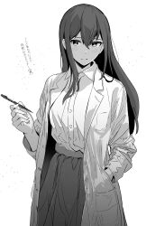 Rule 34 | 1girl, absurdres, blush, closed mouth, commentary request, hair between eyes, hand in pocket, highres, holding, holding pen, lab coat, long hair, long sleeves, looking at viewer, makise kurisu, metsu end, monochrome, pen, shirt, simple background, skirt, solo, steins;gate, translation request, white background