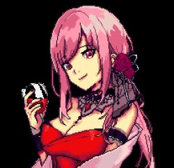 Rule 34 | 1girl, alcohol, animated, animated gif, blush, breasts, cleavage, collarbone, cup, dress, drinking glass, eevz, flower, hololive, hololive english, large breasts, long hair, looking at viewer, lowres, mori calliope, mori calliope (party dress), official alternate costume, pink eyes, pink hair, pixel art, red dress, smile, transparent background, virtual youtuber, wine, wine glass