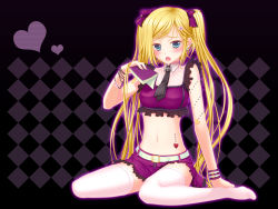 Rule 34 | 1girl, 33paradox, absurdres, aqua eyes, bad id, bad pixiv id, blonde hair, blush, bracelet, hair ornament, heart, highres, jewelry, kanojo x kanojo x kanojo, long hair, looking at viewer, lots of jewelry, midriff, navel, necktie, open mouth, orifushi mafuyu, ribbon, sitting, skirt, solo, thighhighs, twintails, very long hair, wariza